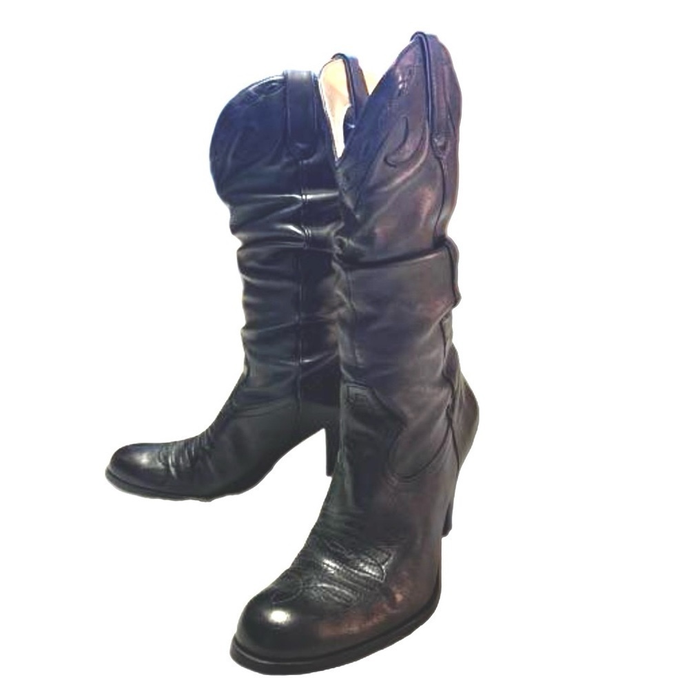 Jessica Simpson Daisy Black Leather Cowgirl Boots Size 7.5 Slouchy Almond Toe - Picture 4 of 13